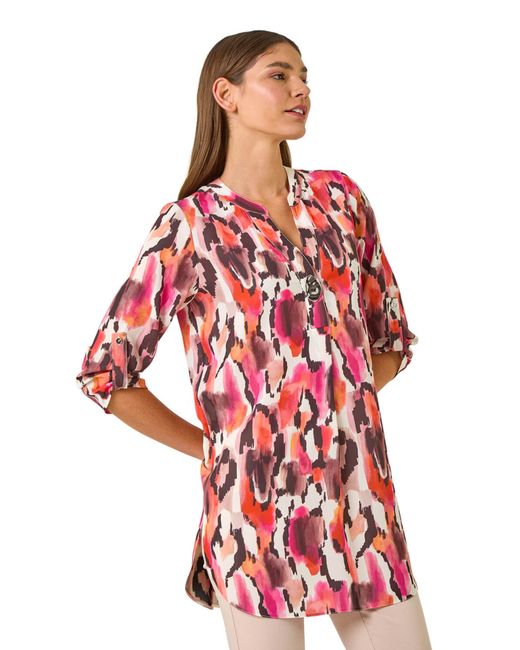 Roman Red Abstract Print V-Neck Button Top