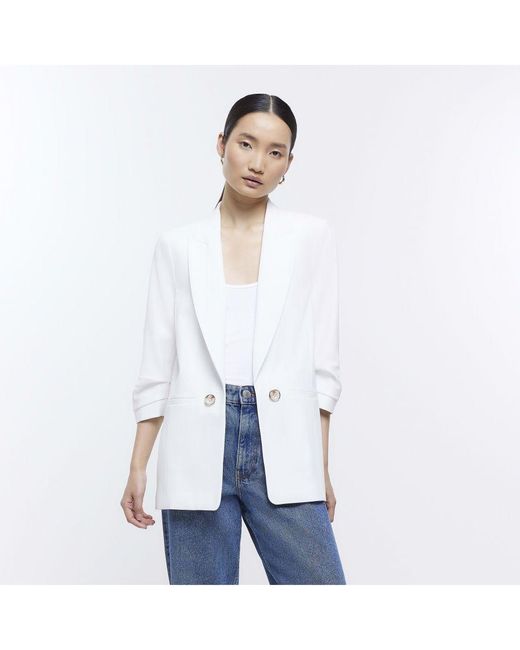 River Island White Blazer Ruched Sleeve Pleated Jacket