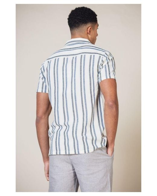 Nordam White 'Terence' Cotton Linen Blend Short Sleeve Button-Up Striped Shirt for men