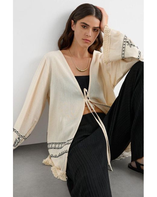 Hiccup White Abstract Bell Sleeves Tie Front Kimono