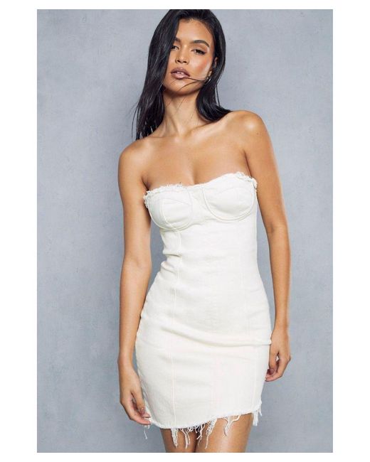 MissPap White Asymmetric Raw Hem Denim Mini Dress