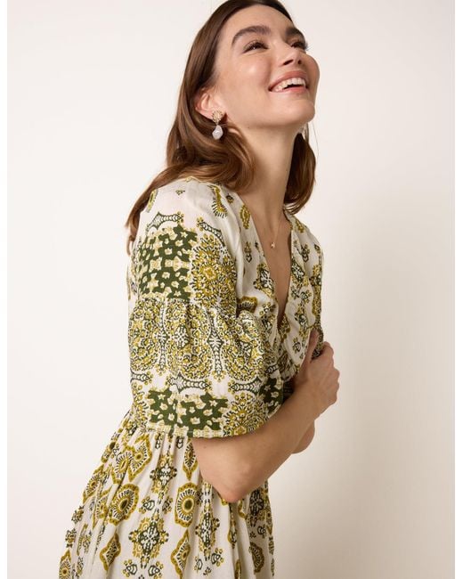Blue Vanilla Natural V Neck Border Print Dress