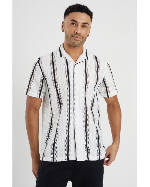 Brave Soul White Knitted Revere Collar Striped Shirt Sleeve for men