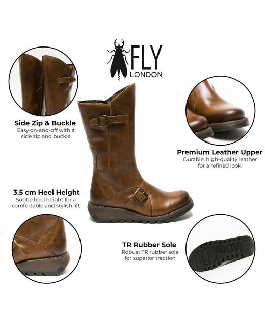 Fly London Brown Leather Buckle Mid-Calf Platform Boots