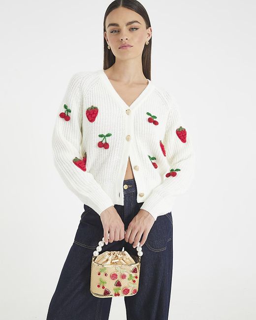 River Island White Cardigan Knitted Embroidered Strawberry