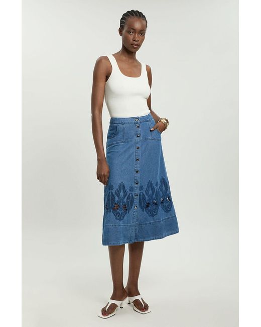 Karen Millen Blue Denim Cut Out Full Midi Skirt