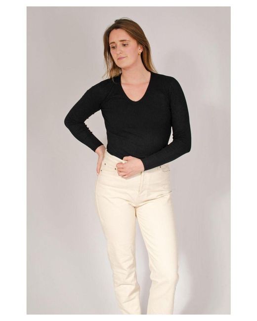 Secret Label Black Ribbed V Neck Top