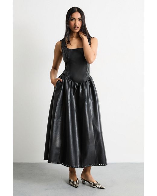 Warehouse Black Faux Leather Whipstitch Trim Midi Dress