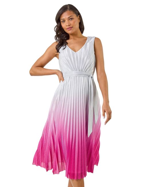 Roman Pink Pleated Ombre Midi Dress