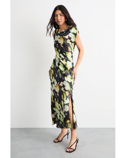 Warehouse White Abstract Print Cowl Bias Satin Dress With Button Detail