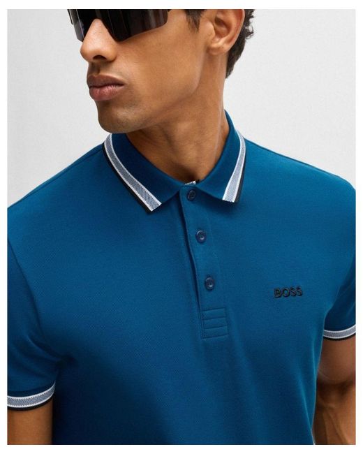 Boss Blue Paddy Cotton-Piqué Polo Shirt With Contrast Logo for men