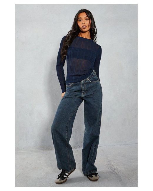 MissPap Blue Sheer Knitted Ribbed Long Sleeve Top
