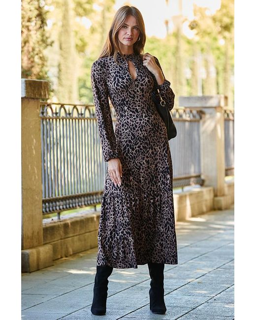 Sosandar Brown Fleck Print Keyhole Detail Midi Jersey Dress