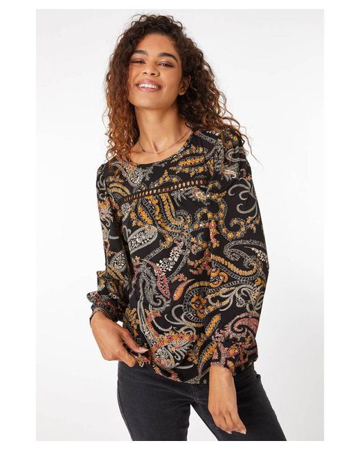 Roman Black Paisley Lace Trim Top