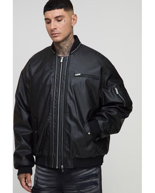 BoohooMAN Black Tall Leather Look Double Zip Oversized Ma1 Bomber Jacket for men