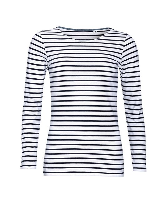 Sol's Blue Ladies Marine Long Sleeve Stripe T-Shirt Cotton