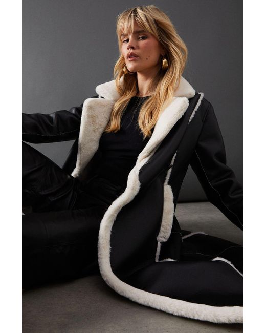 Warehouse Black Contrast Faux Leather Edge To Aviator Jacket
