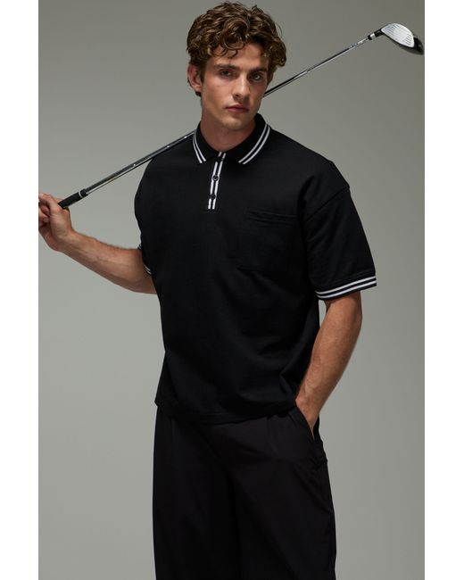 BoohooMAN Black Active Tricot Pique Oversized Fit Golf Polo for men