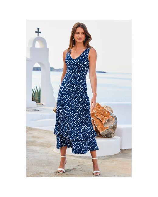 Sosandar Blue Spot Print Tiered Hem Fit & Flare Jersey Dress