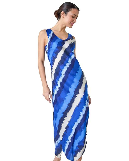 Roman Blue Stripe Print Satin Bodycon Midi Slip Dress
