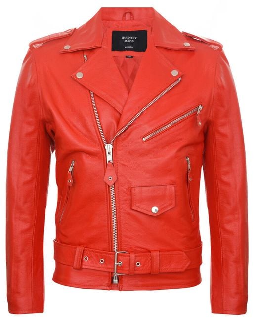 Infinity Leather Red Brando Biker Rock Motorcycle Hide Jacket for men