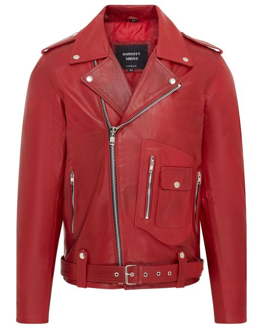 Infinity Leather Red Cow-Hide Biker Brando Jacket for men