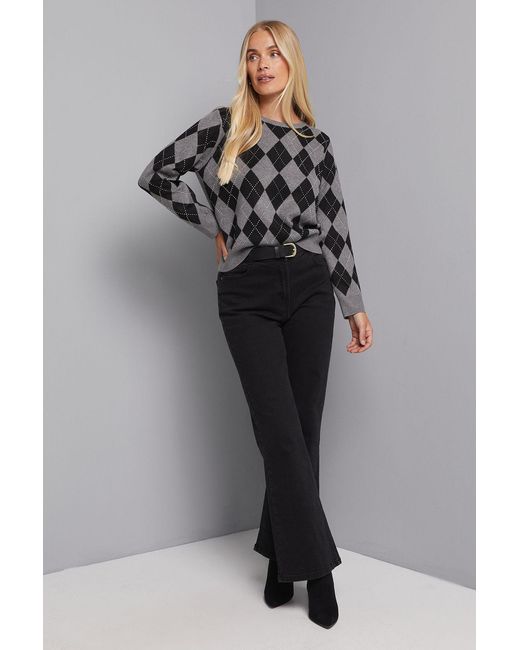 Wallis Gray Petite Sequin Argyle Crew Neck Jumper