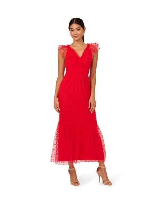 Adrianna Papell Red Dot Tulle Ruffle Dress