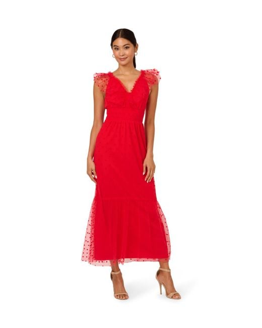 Adrianna Papell Red Dot Tulle Ruffle Dress