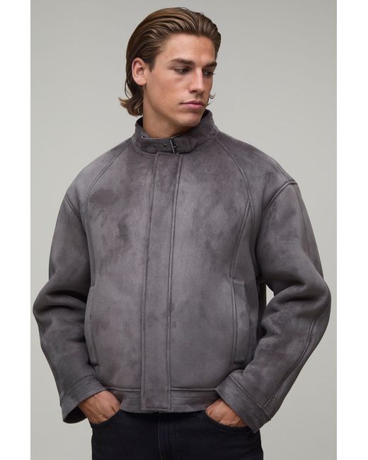 BoohooMAN Gray Regular Fit Faux Suede Buckle Collar Biker Jacket for men