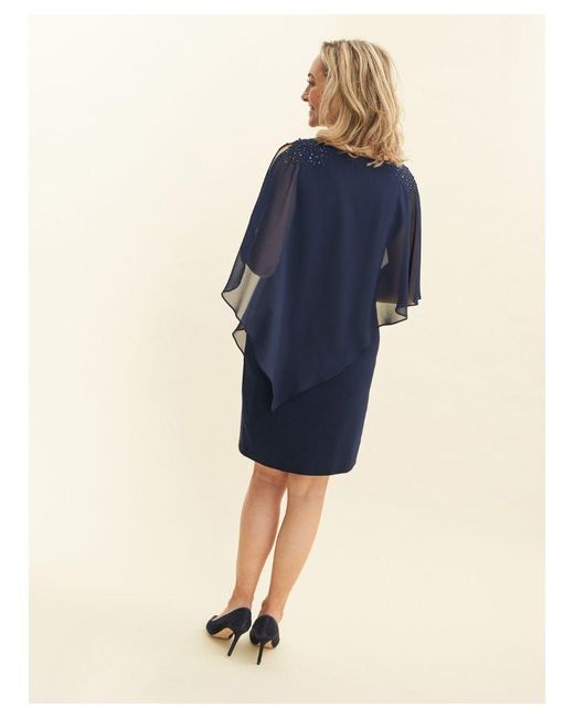 Gina Bacconi Blue Zenna Beaded Shoulder Chiffon Cape Dress