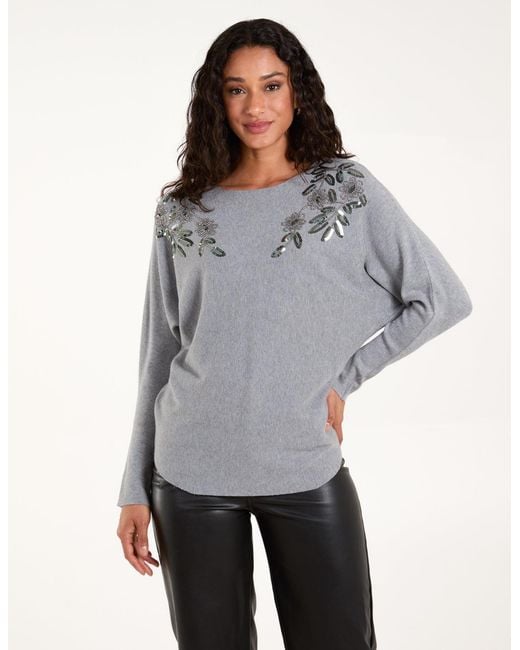 Blue Vanilla Gray Sequin Flower Detail Batwing Jumper