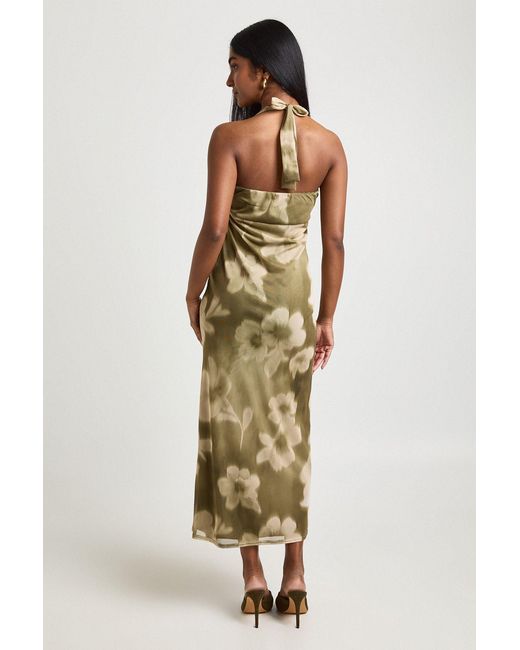 Boohoo Green Floral Printed Mesh Plunge Front Beaded Midaxi Dress
