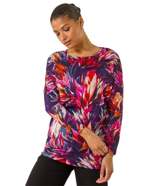 Roman Red Floral Print Bubble Hem Stretch Top