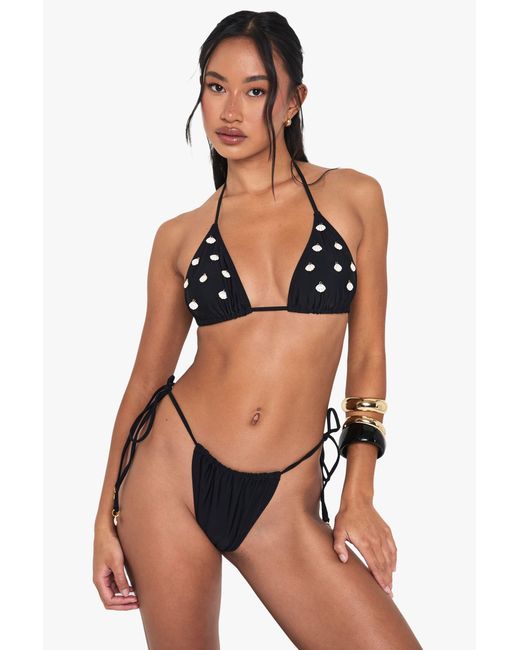 Boohoo Black Shell Trim Embellished Triangle Bikini Top & Tanga Tie Side Bottoms Bikini Set