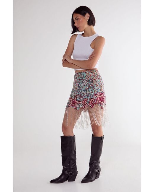 Nasty Gal White Sequin Star Lightening Bolt Tassel Mini Skirt