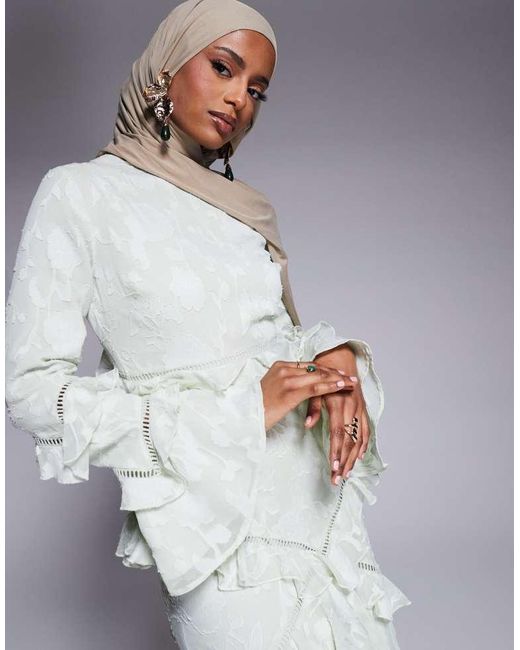 ASOS Green Jacquard Ruffle Long Sleeve Maxi Dress