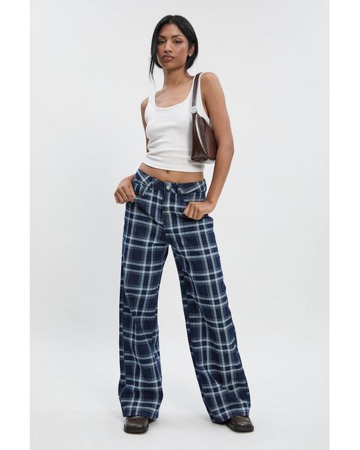 Boohoo Blue High Waist Flanneled Denim Wide Leg Jean