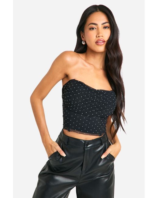 Boohoo Black Hot Fix Diamante Mesh Corset Top