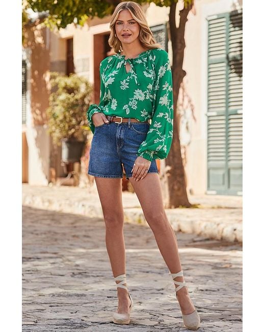 Sosandar Green Floral Print Tie Detail Blouse