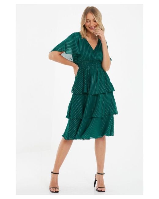 Quiz Green Glitter Chiffon Tiered Midi Dress