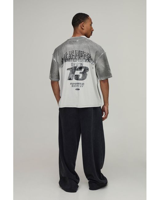 BoohooMAN Gray Oversized Boxy Spray Wash Varsity Exposed Seam T-Shirt Cotton for men