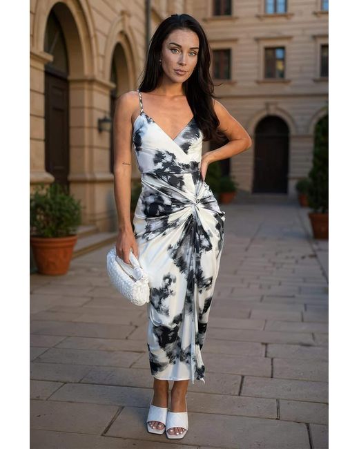 AX Paris Gray And Marble Print Strappy Wrap Top Knot Skirt Midi Dress