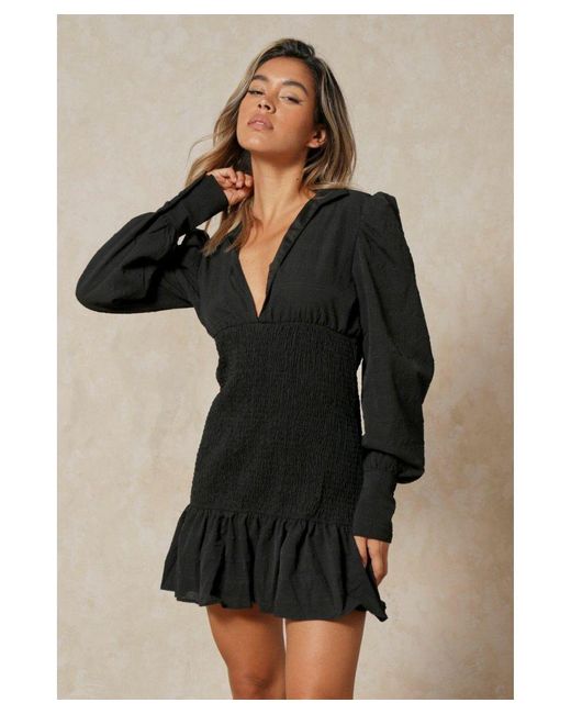 MissPap Black Textured Puff Sleeve Shirring Detail Dress