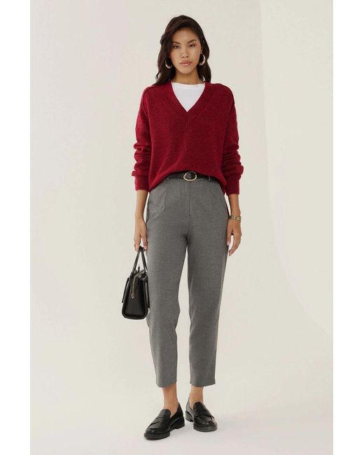 Hiccup Red Relaxed Fit V-Neck Knitted Sweater