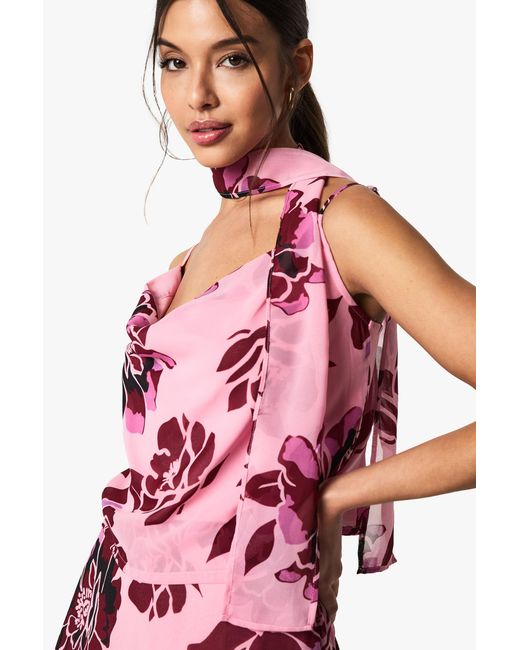 Boohoo Pink Floral Print Cowl Neck Woven Cami Top
