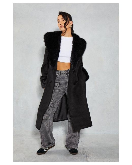 MissPap Black Premium Faux Fur Collar Trim Wool Look Coat