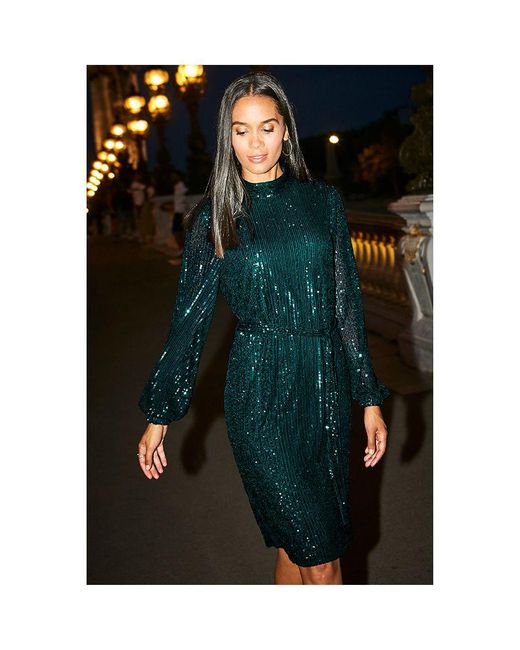 Sosandar Blue Emerald Sequin High Neck Belted Shift Dress Metallic