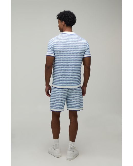 BoohooMAN Blue Regular Open Stitch Striped Knitted Polo And Short Set for men