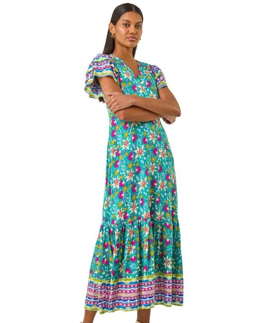 Roman Blue Floral Border Print Maxi Dress